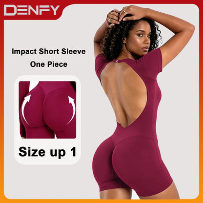 [SIZE up 1] DENFY Impact Short Sleeve One Piece Women Soft Padded Bralette Tummy Control Butt Lifting Gym Workout Yoga One Piece Activewear [STRONG COMPRESSED]