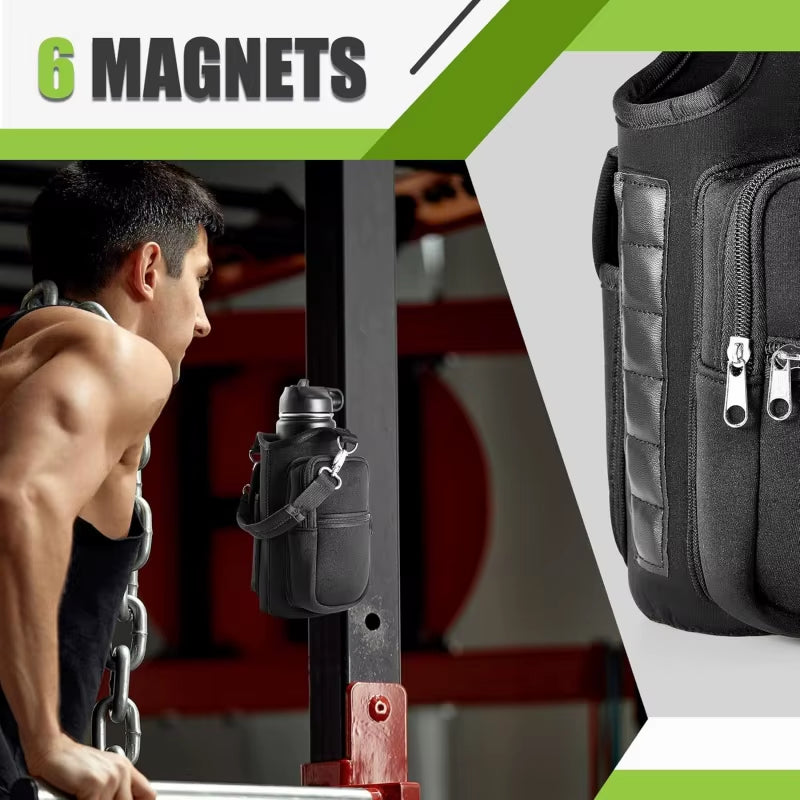 Magnetic Gym Water Bottle Holder with Phone Pocket & Shoulder Strap