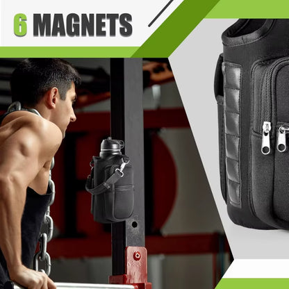 Magnetic Gym Water Bottle Holder with Phone Pocket & Shoulder Strap