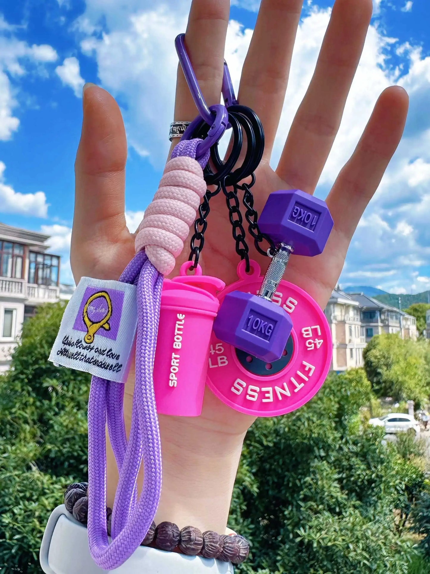 Sport Fitness Dumbbell and Barbell Keychain Set, Lanyard, Keychain for Bags, Gym Keychain, Charismatic Keychain, Keychain Accessories with Rope Charms, Water Bottle Accents, Dumbbell & Barbell Charms Pendant, Bag Ornaments for Women Men