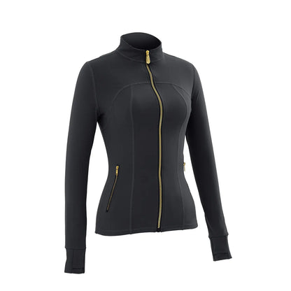 Gold Zipper Thumb Hole Yoga Jacket Women Slim Full Zip Workout Coat Zipper Pocket Fitness Activewear, Top & Leggings Separate Sale Backtoschool