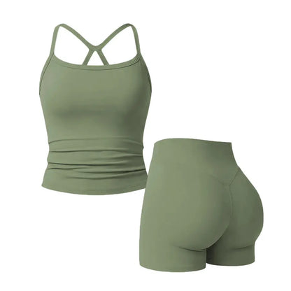 Women'S 2 Piece Workout Set Backless Spaghetti Strap Top and High Waisted Shorts Slim Fit Yoga Gym Fitness Outfit