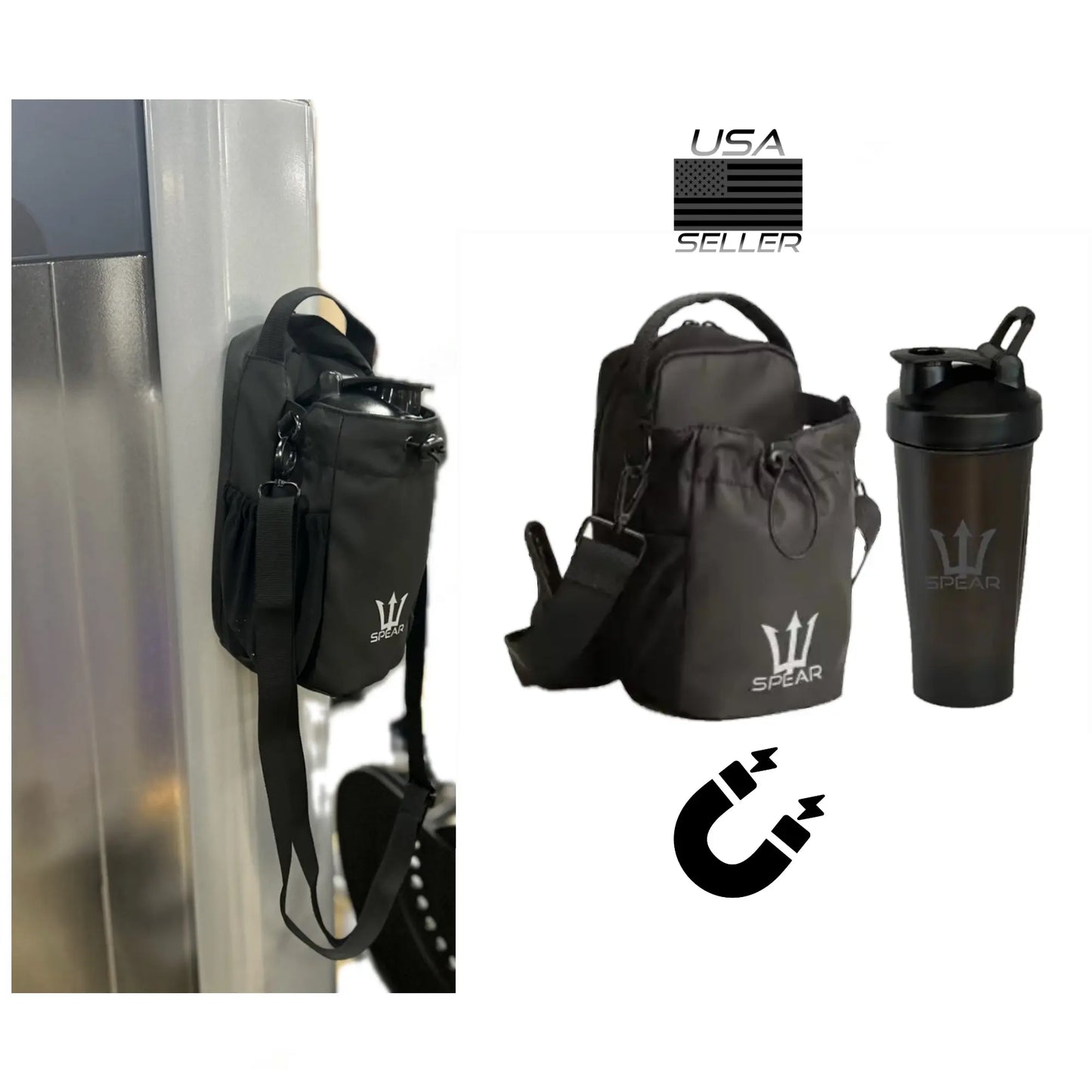 SPEAR Magnetic Gym Bottle Bag with 20Oz Shaker Bottle - Keep Your Fitness Sports Gym Gear Organized & in One Place
