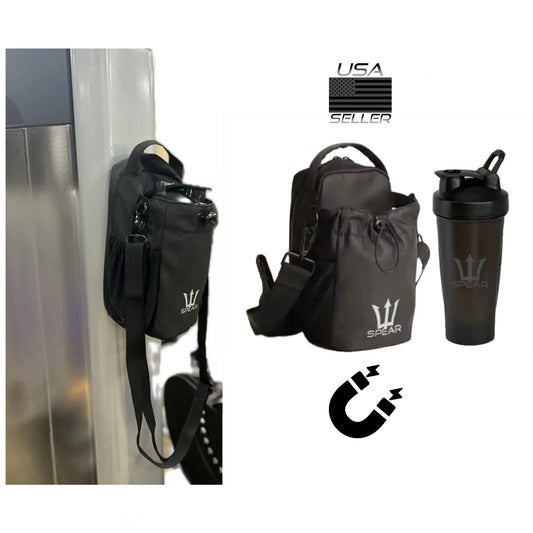 SPEAR Magnetic Gym Bottle Bag with 20Oz Shaker Bottle - Keep Your Fitness Sports Gym Gear Organized & in One Place