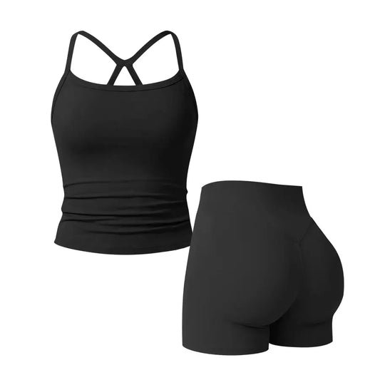 Women'S 2 Piece Workout Set Backless Spaghetti Strap Top and High Waisted Shorts Slim Fit Yoga Gym Fitness Outfit