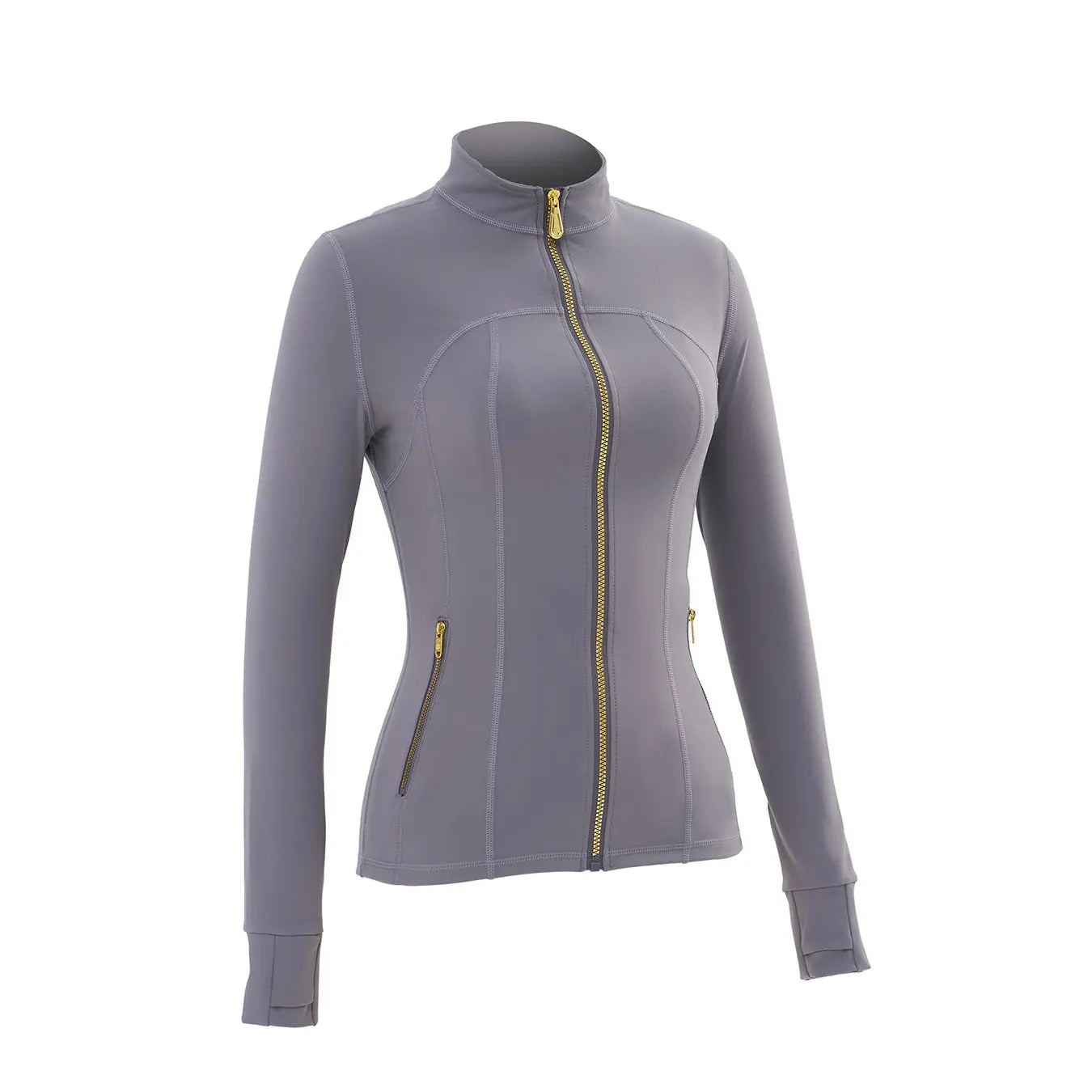Gold Zipper Thumb Hole Yoga Jacket Women Slim Full Zip Workout Coat Zipper Pocket Fitness Activewear, Top & Leggings Separate Sale Backtoschool