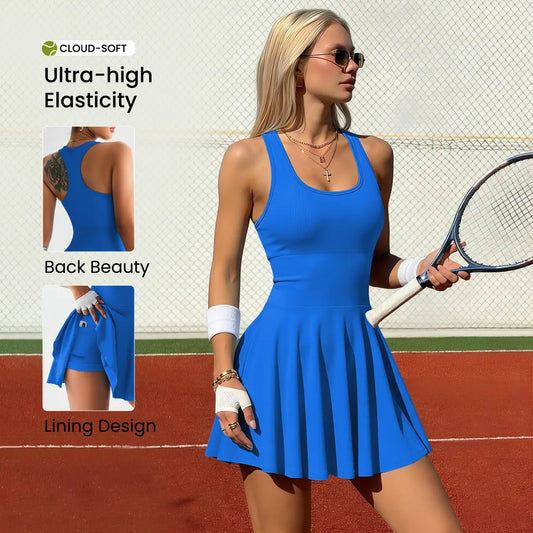 Hijesse Women'S Solid Sports Tennis Dress High Stretch Comfortable Breathable Fabric Built-In Pocket Design Ideal for Yoga Fitness Activities Sport Romper Sleeveless Romper, Suitable for Spring & Summer Wear