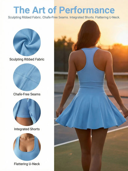 Hijesse Women'S Solid Sports Tennis Dress High Stretch Comfortable Breathable Fabric Built-In Pocket Design Ideal for Yoga Fitness Activities Sport Romper Sleeveless Romper, Suitable for Spring & Summer Wear