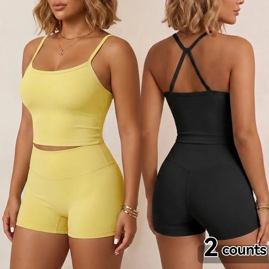 Women'S 2 Piece Workout Set Backless Spaghetti Strap Top and High Waisted Shorts Slim Fit Yoga Gym Fitness Outfit