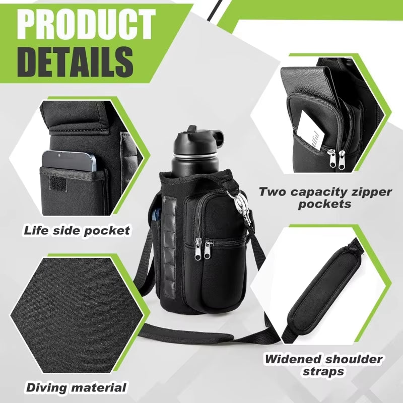 Magnetic Gym Water Bottle Holder with Phone Pocket & Shoulder Strap